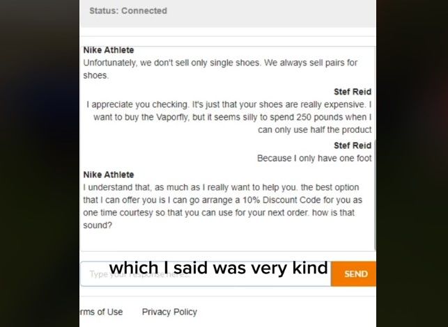 영국의 한 패럴림픽 선수가 나이키에 “신발 한 쪽만 팔라”고 요청했다고 영국 가디언이 11일(현지시각) 보도했다. 사진은 해당 틱톡 영상. (사진=틱톡 갈무리) 2024.04.17. *재판매 및 DB 금지 / 사진 = 뉴시스