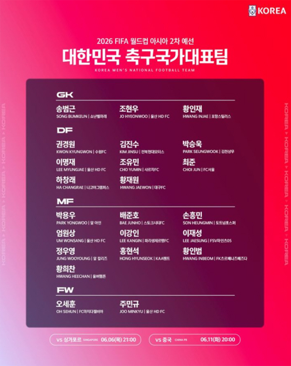 2026 북중미 월드컵 아시아 2차 예선전 대한민국 싱가포르 축구 경기 중계 채널 (+ 경기 시간 , 대표팀 경기 일정 ) 사진 = 대한축구협회