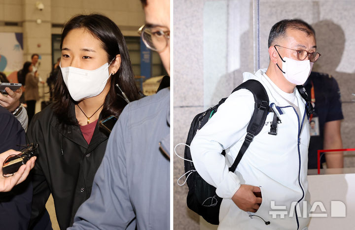 2024 파리올림픽 금메달리스트 안세영(왼쪽 사진)과 김학균(오른쪽 사진) 대한민국 배드민턴 대표팀 감독이 22일 오후 인천국제공항 제1여객터미널을 통해 귀국하고 있다. 김학균 감독은 최근 불화 논란에 관한 질문에 "아직 시간이 필요하다"고 답했고, 안세영은 "할 말이 없다"고 답했다. 2024.10.22. / 사진 = 뉴시스