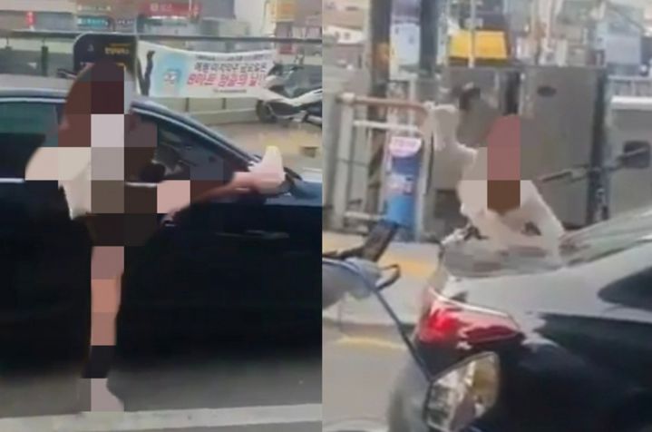 최근 여러 소셜미디어 등 엑스(X, 옛 트위터)에서는 한 여성이 도로에서 자신의 검은색 벤츠 차량 사이드미러를 발로 차고 휴대전화로 여러 차례 트렁크 부위를 내려치는 모습이 포착돼 올라왔다. (사진=엑스 갈무리) *재판매 및 DB 금지 / 사진 = 뉴시스