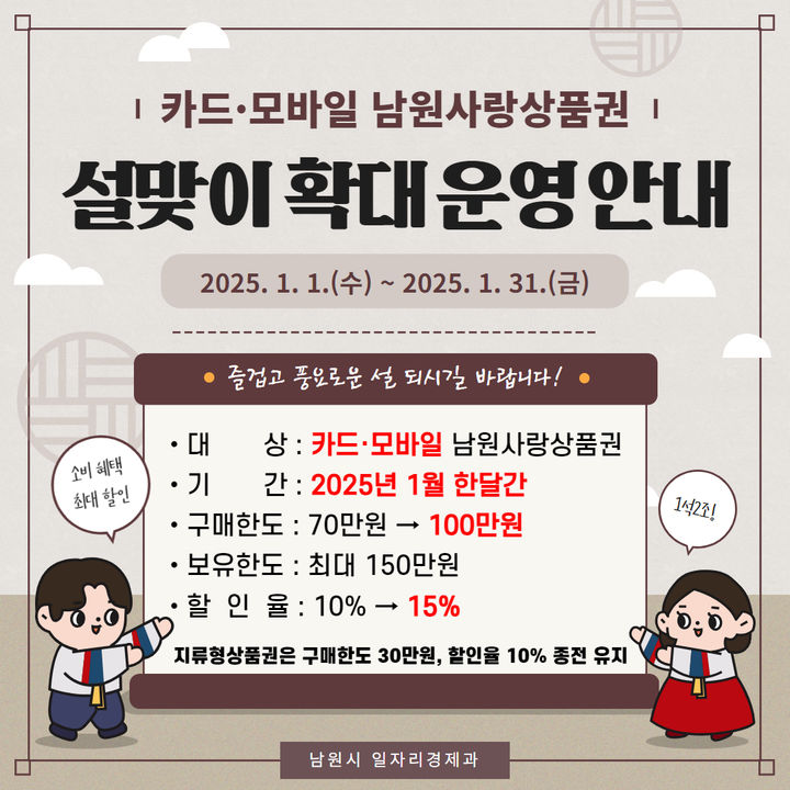 남원사랑상품권, 1월 한달간 15% 특별 할인... 구매한도 100만원까지 / 사진 = 뉴시스