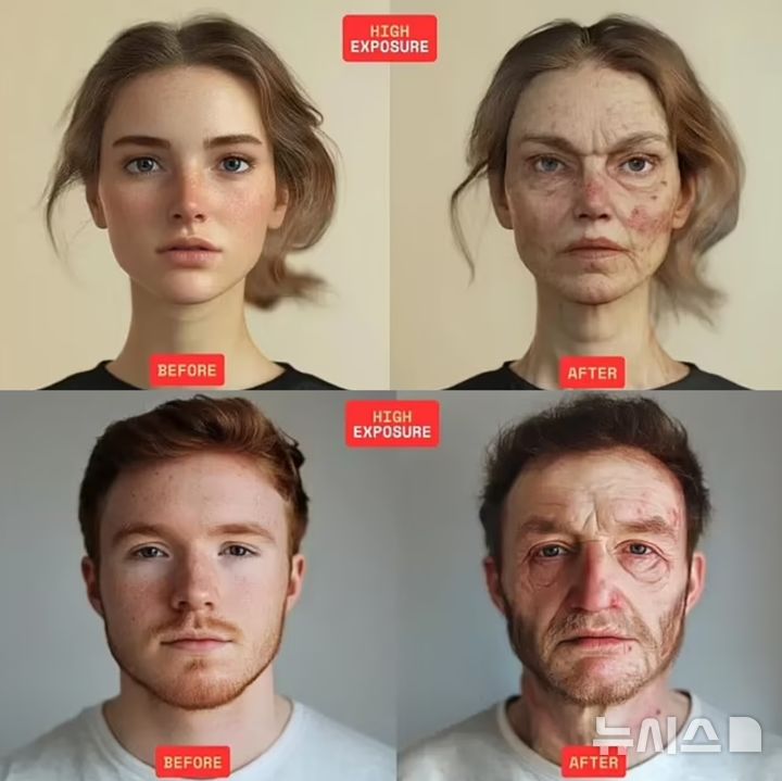 미세 플라스틱 노출 전과 고농도 노출 시 얼굴 변화 예측 이미지 (사진=비즈니스웨이스트) / 사진 = 뉴시스